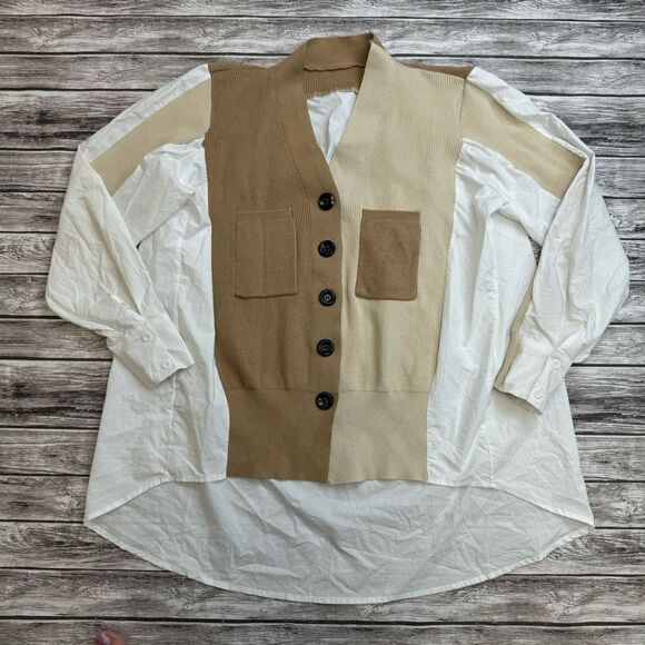 Soak & Sepia Women's Oversized Button Down Cardigan Sweater Blouse Brown White - Picture 13 of 14